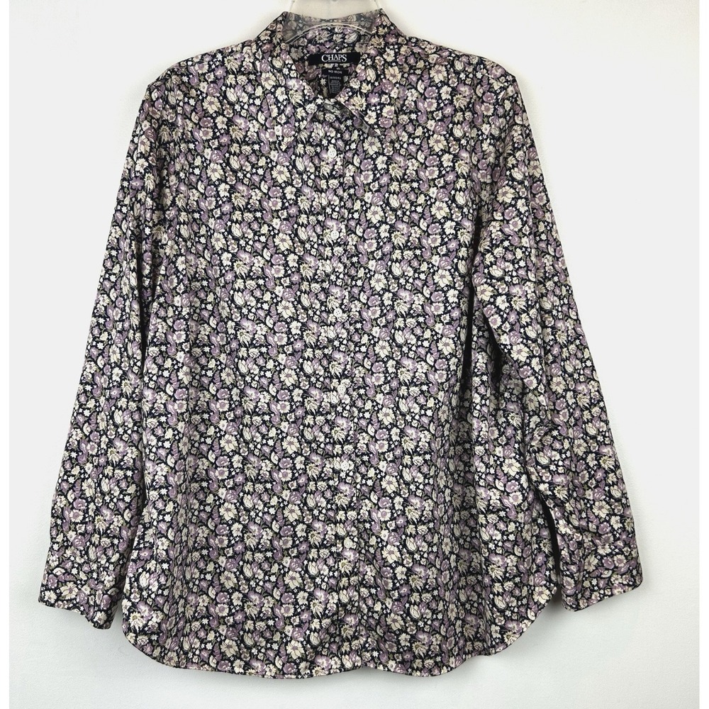 Chaps Top Womens 1X Purple Floral Button Shirt Blouse No Iron Career Office Plus